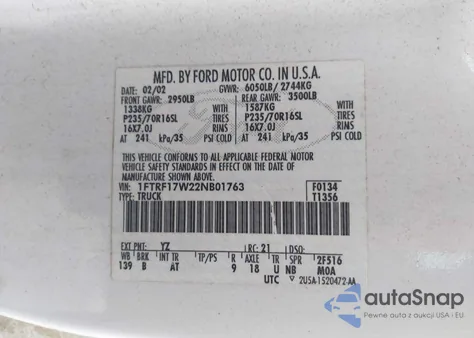 2002 Ford F-150 Xl/Xlt from USA, damaged, VIN 1FTRF17W22NB01763